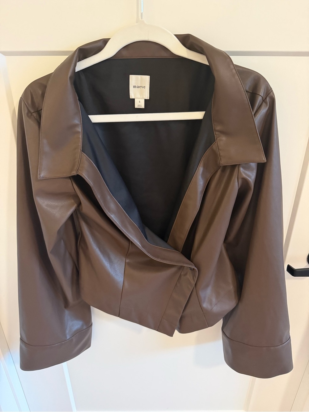 Maeve Anthropologie Brown Faux Leather Cropped Wrap Jacket Size S